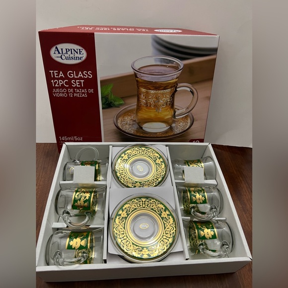 Alpine Cuisine Tea Glass Set With Saucer Gold/Green Design 12 Pc - Picture 15 of 16